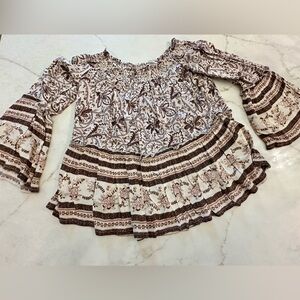 American Eagle Outfitters Cream and Brown Smocked Tiered Tunic